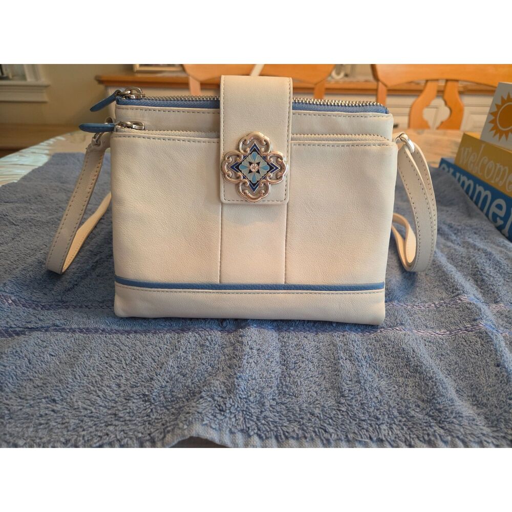 Brighton Leather Crossbody Bag with Built-In Wallet Ivory Navy Quiet Luxury EUC